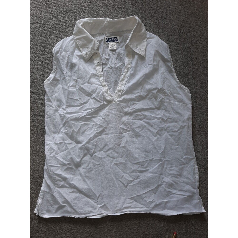 Unity Uniti Womens Top Size Medium M Sleeveless White Blouse Floral Embordered